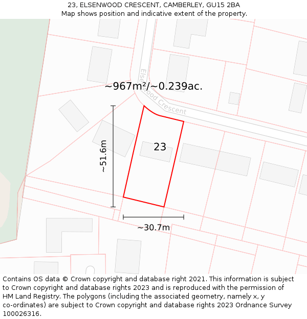 23, ELSENWOOD CRESCENT, CAMBERLEY, GU15 2BA: Plot and title map