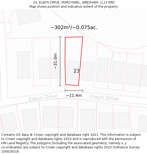 23, ELWYN DRIVE, MARCHWIEL, WREXHAM, LL13 0RD: Plot and title map