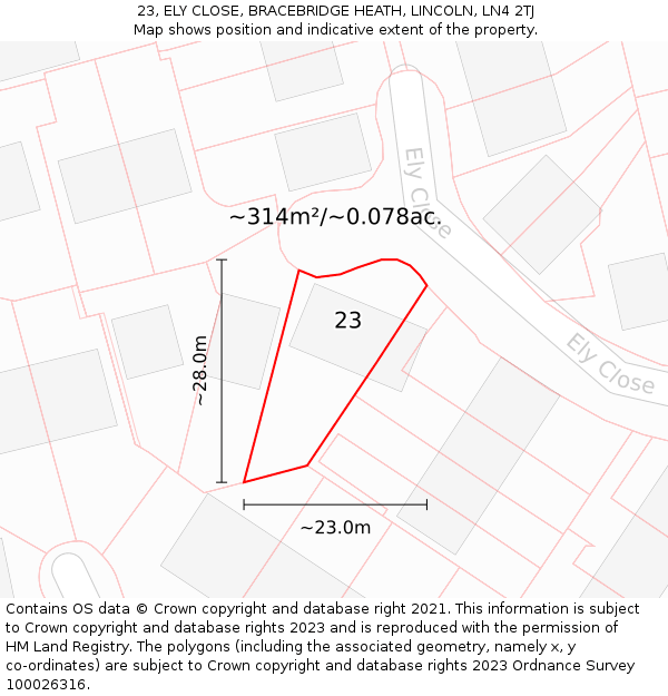 23, ELY CLOSE, BRACEBRIDGE HEATH, LINCOLN, LN4 2TJ: Plot and title map