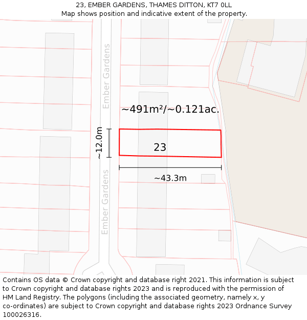 23, EMBER GARDENS, THAMES DITTON, KT7 0LL: Plot and title map