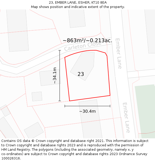 23, EMBER LANE, ESHER, KT10 8EA: Plot and title map