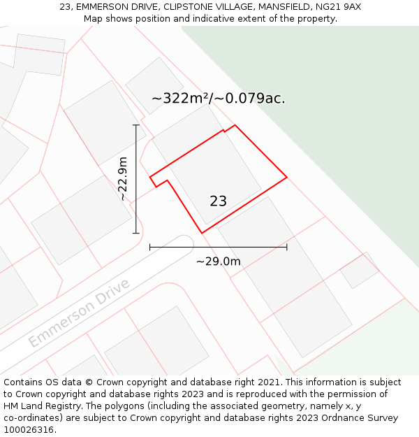 23, EMMERSON DRIVE, CLIPSTONE VILLAGE, MANSFIELD, NG21 9AX: Plot and title map