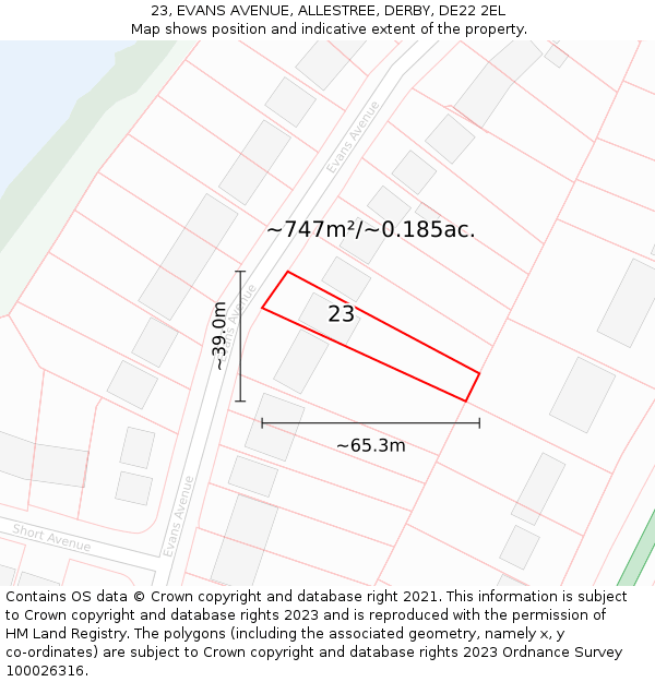 23, EVANS AVENUE, ALLESTREE, DERBY, DE22 2EL: Plot and title map