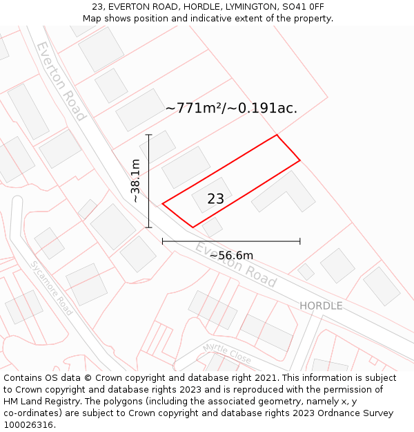 23, EVERTON ROAD, HORDLE, LYMINGTON, SO41 0FF: Plot and title map