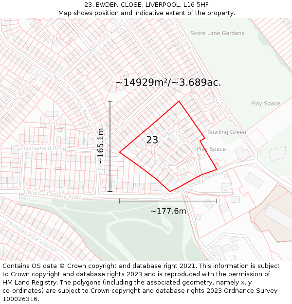 23, EWDEN CLOSE, LIVERPOOL, L16 5HF: Plot and title map