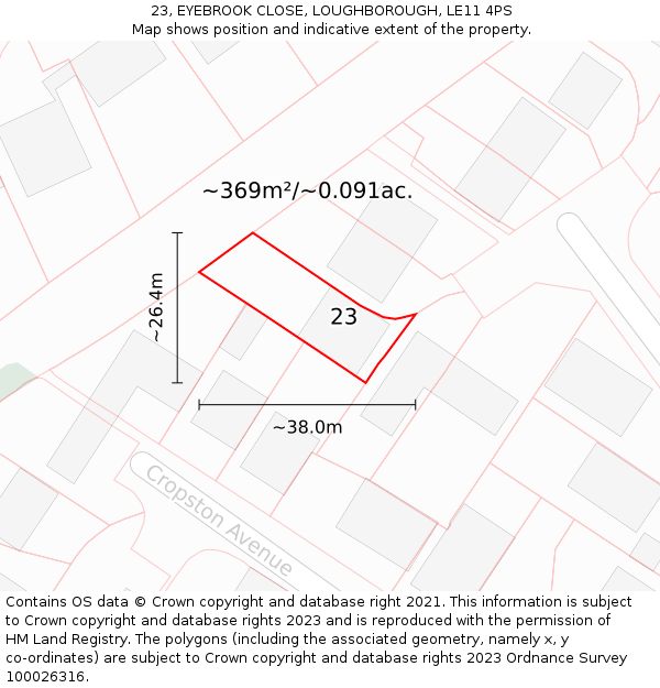 23, EYEBROOK CLOSE, LOUGHBOROUGH, LE11 4PS: Plot and title map