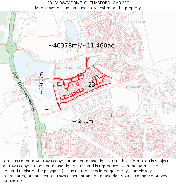 23, FAIRWAY DRIVE, CHELMSFORD, CM3 3FG: Plot and title map