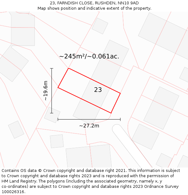 23, FARNDISH CLOSE, RUSHDEN, NN10 9AD: Plot and title map
