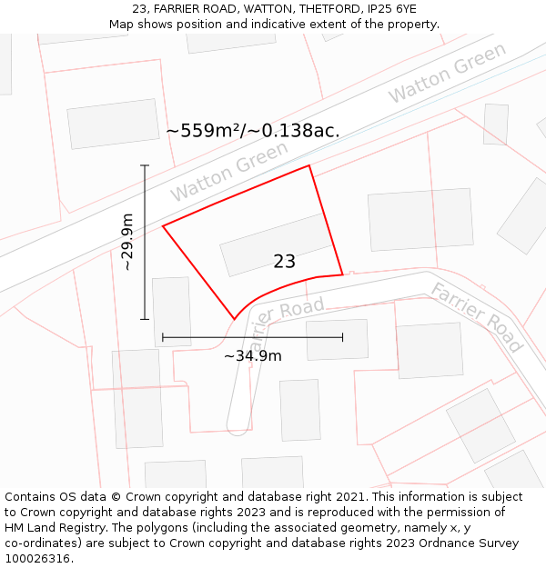 23, FARRIER ROAD, WATTON, THETFORD, IP25 6YE: Plot and title map