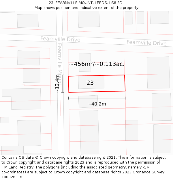 23, FEARNVILLE MOUNT, LEEDS, LS8 3DL: Plot and title map