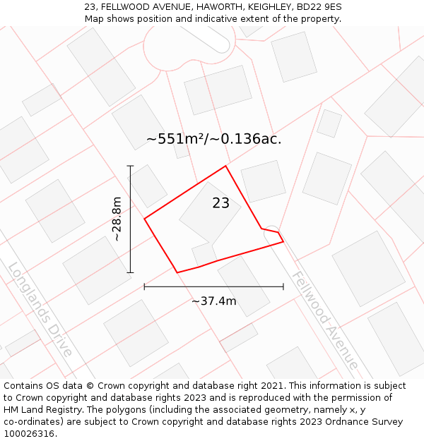 23, FELLWOOD AVENUE, HAWORTH, KEIGHLEY, BD22 9ES: Plot and title map