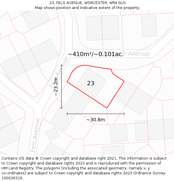 23, FELS AVENUE, WORCESTER, WR4 0LN: Plot and title map