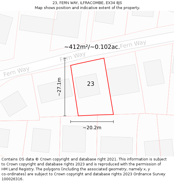 23, FERN WAY, ILFRACOMBE, EX34 8JS: Plot and title map