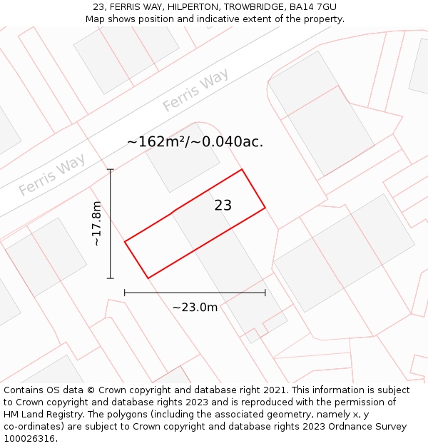 23, FERRIS WAY, HILPERTON, TROWBRIDGE, BA14 7GU: Plot and title map