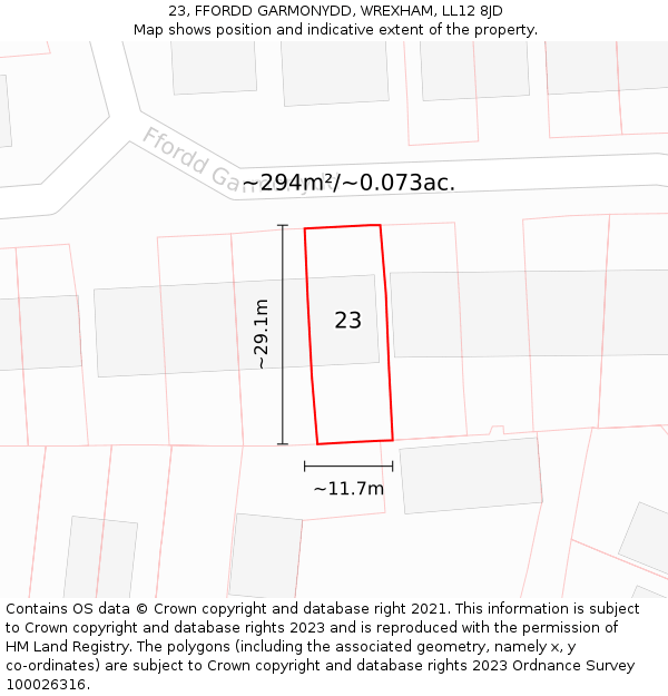 23, FFORDD GARMONYDD, WREXHAM, LL12 8JD: Plot and title map