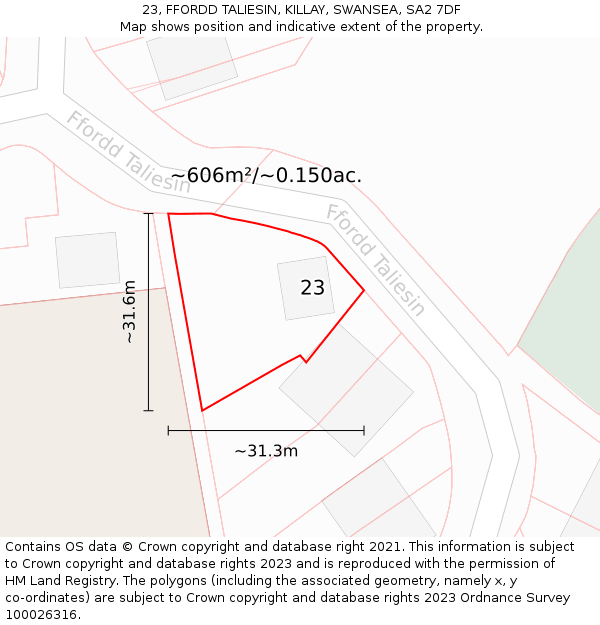 23, FFORDD TALIESIN, KILLAY, SWANSEA, SA2 7DF: Plot and title map