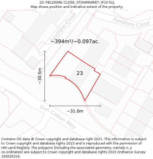 23, FIELDFARE CLOSE, STOWMARKET, IP14 5UJ: Plot and title map