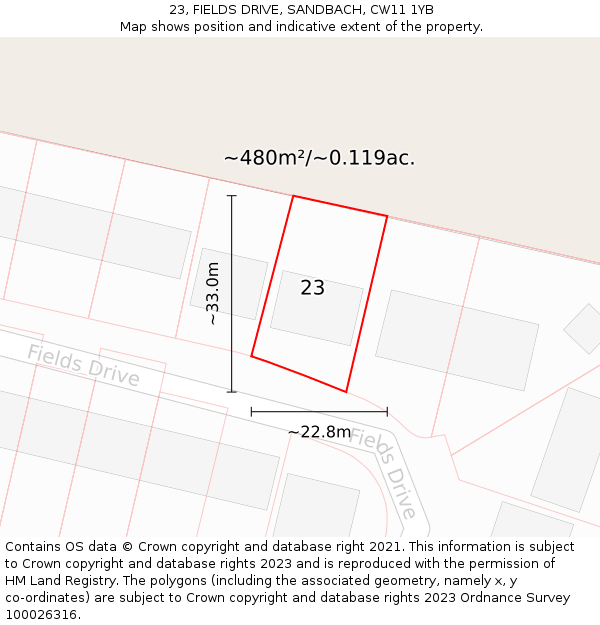 23, FIELDS DRIVE, SANDBACH, CW11 1YB: Plot and title map