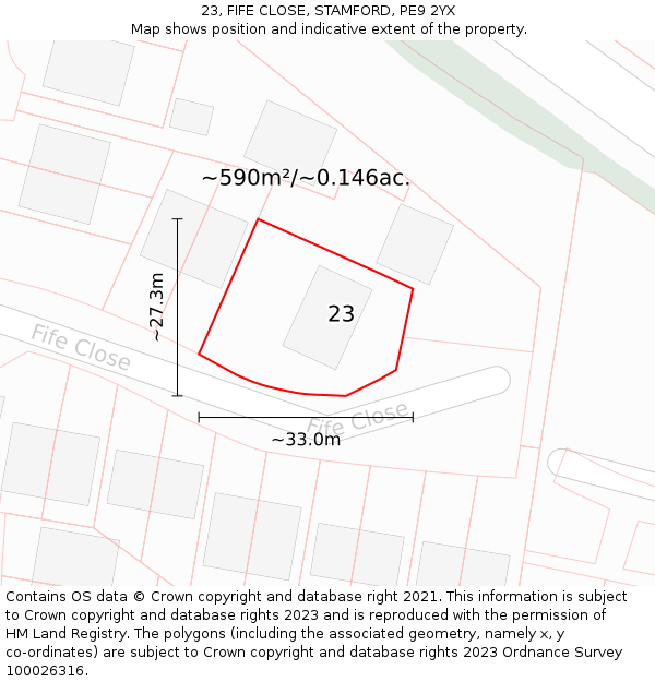 23, FIFE CLOSE, STAMFORD, PE9 2YX: Plot and title map