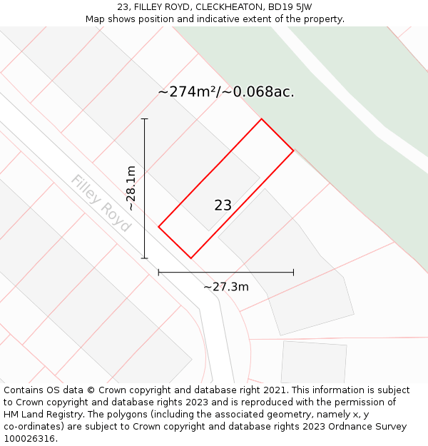 23, FILLEY ROYD, CLECKHEATON, BD19 5JW: Plot and title map