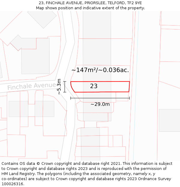 23, FINCHALE AVENUE, PRIORSLEE, TELFORD, TF2 9YE: Plot and title map