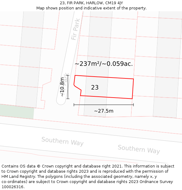 23, FIR PARK, HARLOW, CM19 4JY: Plot and title map