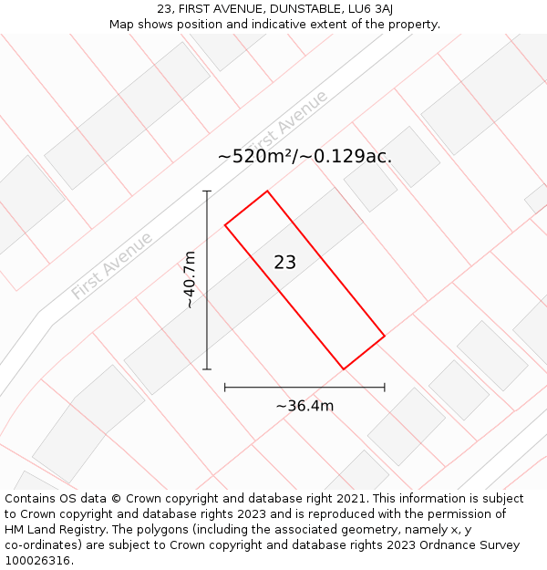 23, FIRST AVENUE, DUNSTABLE, LU6 3AJ: Plot and title map