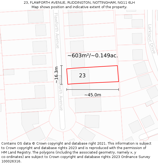 23, FLAWFORTH AVENUE, RUDDINGTON, NOTTINGHAM, NG11 6LH: Plot and title map