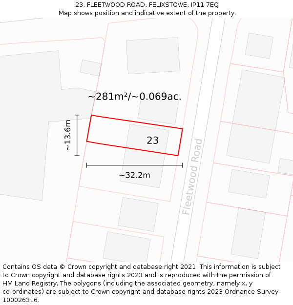23, FLEETWOOD ROAD, FELIXSTOWE, IP11 7EQ: Plot and title map