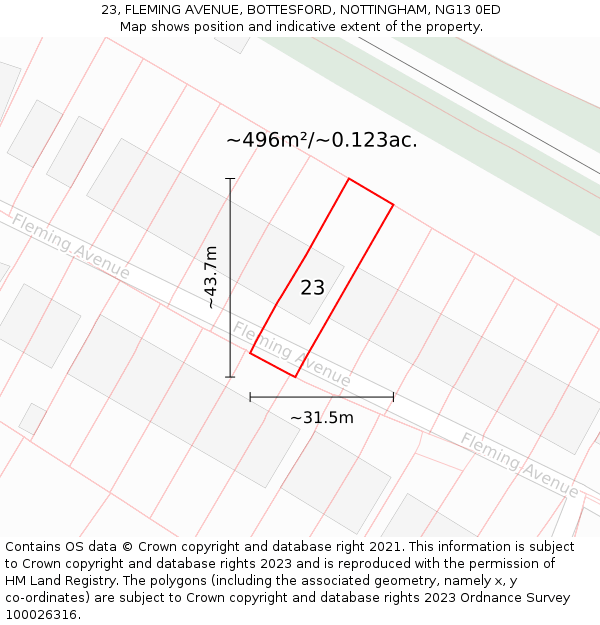 23, FLEMING AVENUE, BOTTESFORD, NOTTINGHAM, NG13 0ED: Plot and title map