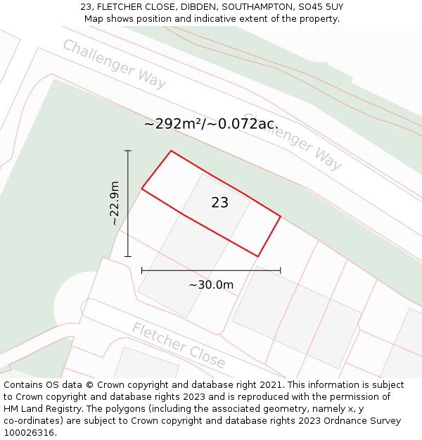 23, FLETCHER CLOSE, DIBDEN, SOUTHAMPTON, SO45 5UY: Plot and title map