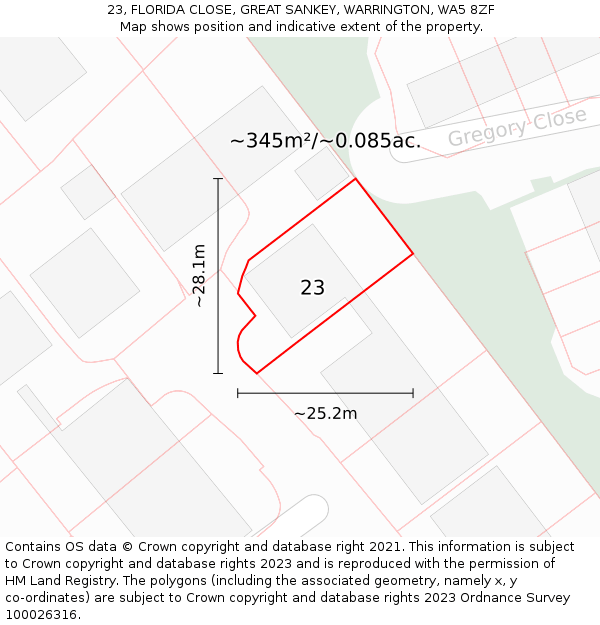 23, FLORIDA CLOSE, GREAT SANKEY, WARRINGTON, WA5 8ZF: Plot and title map