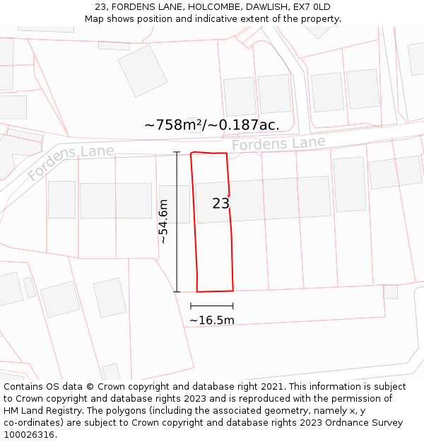 23, FORDENS LANE, HOLCOMBE, DAWLISH, EX7 0LD: Plot and title map