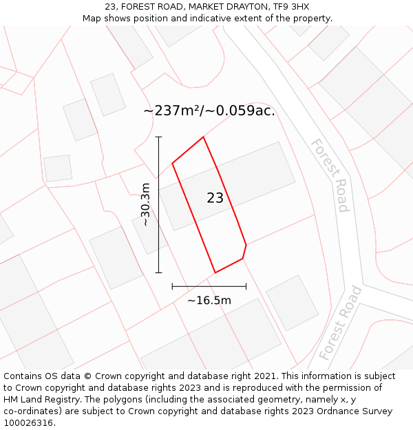 23, FOREST ROAD, MARKET DRAYTON, TF9 3HX: Plot and title map