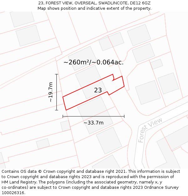23, FOREST VIEW, OVERSEAL, SWADLINCOTE, DE12 6GZ: Plot and title map