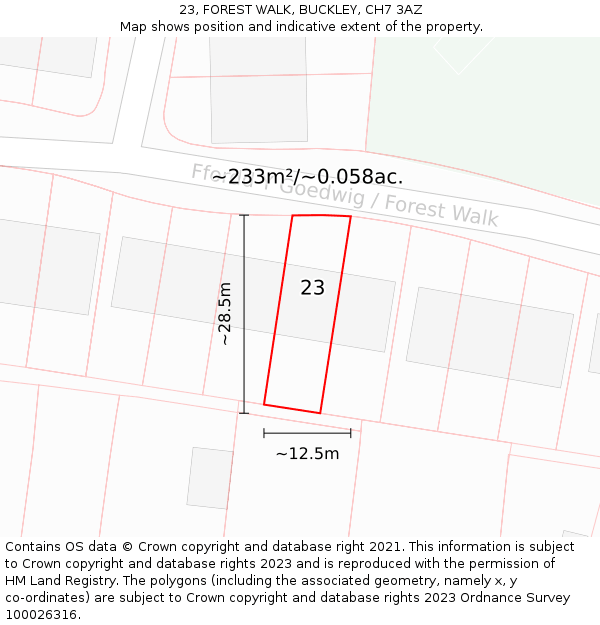 23, FOREST WALK, BUCKLEY, CH7 3AZ: Plot and title map