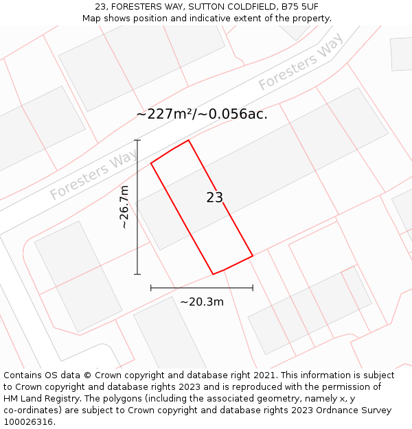 23, FORESTERS WAY, SUTTON COLDFIELD, B75 5UF: Plot and title map