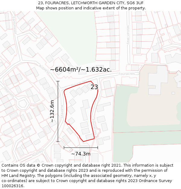 23, FOURACRES, LETCHWORTH GARDEN CITY, SG6 3UF: Plot and title map