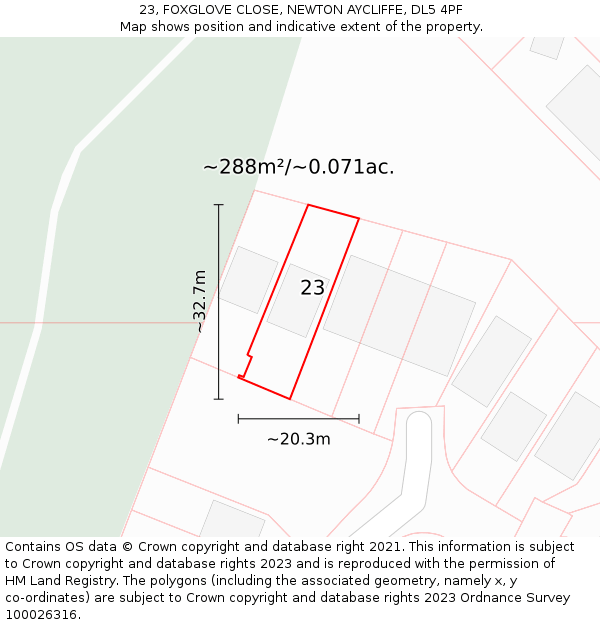 23, FOXGLOVE CLOSE, NEWTON AYCLIFFE, DL5 4PF: Plot and title map