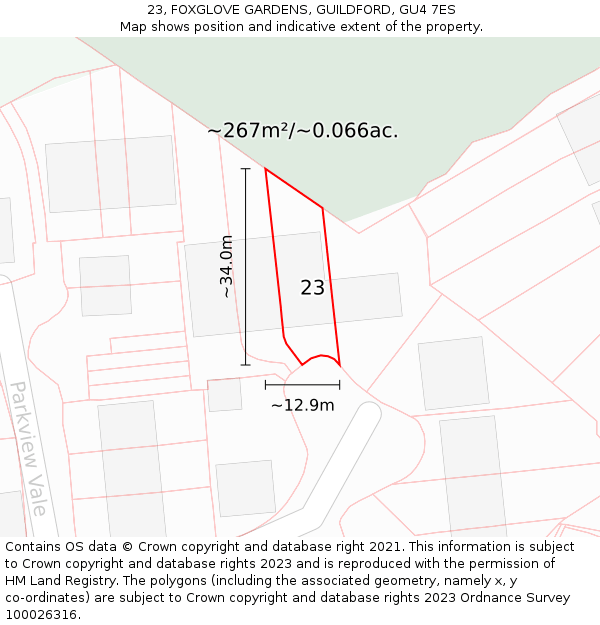 23, FOXGLOVE GARDENS, GUILDFORD, GU4 7ES: Plot and title map