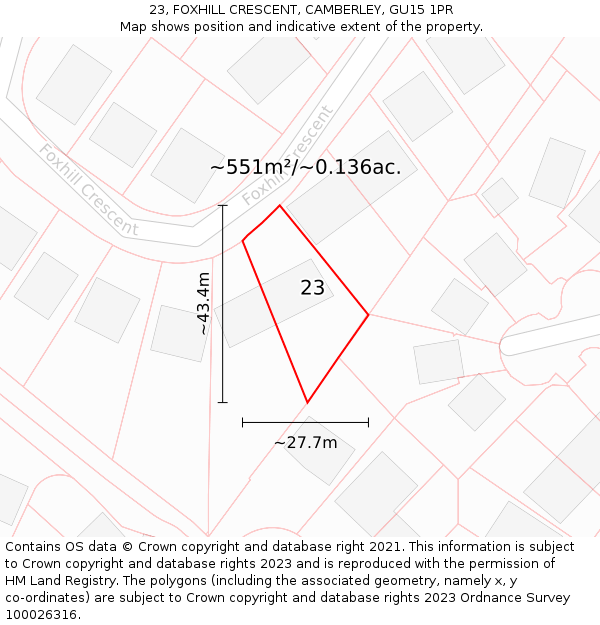 23, FOXHILL CRESCENT, CAMBERLEY, GU15 1PR: Plot and title map