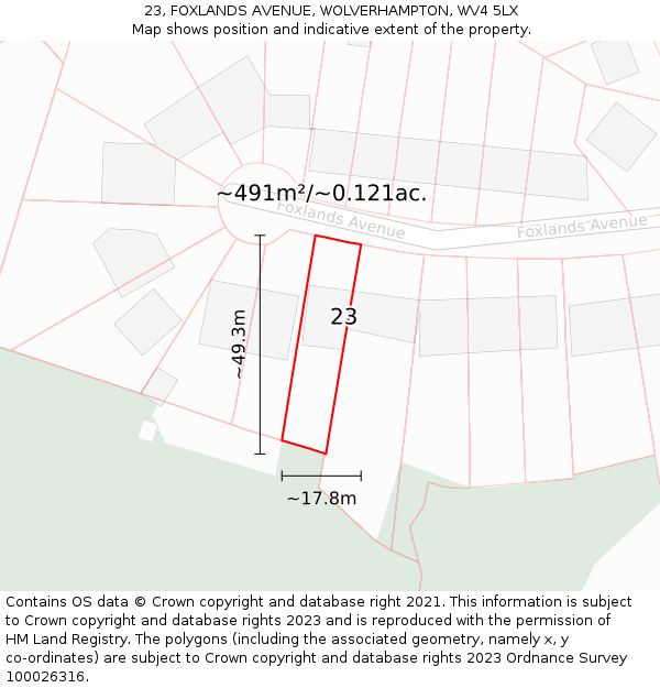 23, FOXLANDS AVENUE, WOLVERHAMPTON, WV4 5LX: Plot and title map