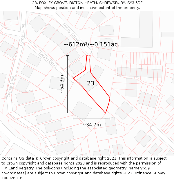 23, FOXLEY GROVE, BICTON HEATH, SHREWSBURY, SY3 5DF: Plot and title map