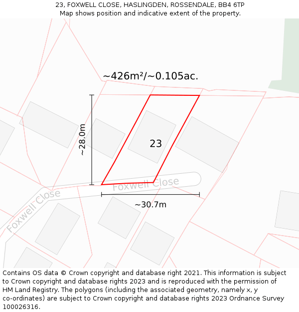 23, FOXWELL CLOSE, HASLINGDEN, ROSSENDALE, BB4 6TP: Plot and title map