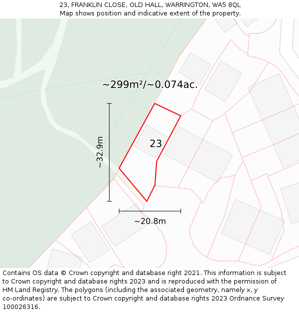 23, FRANKLIN CLOSE, OLD HALL, WARRINGTON, WA5 8QL: Plot and title map