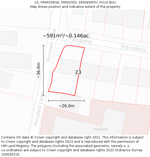 23, FRARYDENE, PRINSTED, EMSWORTH, PO10 8HU: Plot and title map