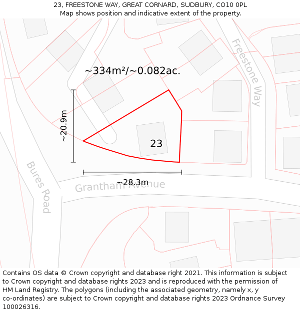 23, FREESTONE WAY, GREAT CORNARD, SUDBURY, CO10 0PL: Plot and title map