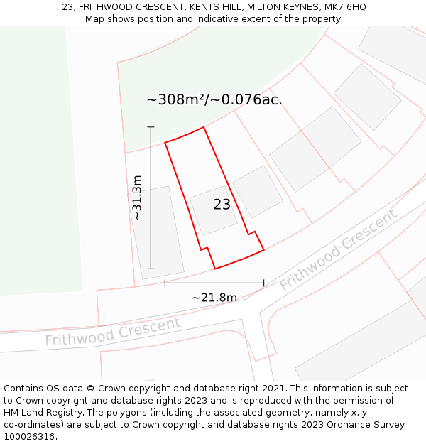 23, FRITHWOOD CRESCENT, KENTS HILL, MILTON KEYNES, MK7 6HQ: Plot and title map