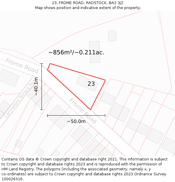 23, FROME ROAD, RADSTOCK, BA3 3JZ: Plot and title map