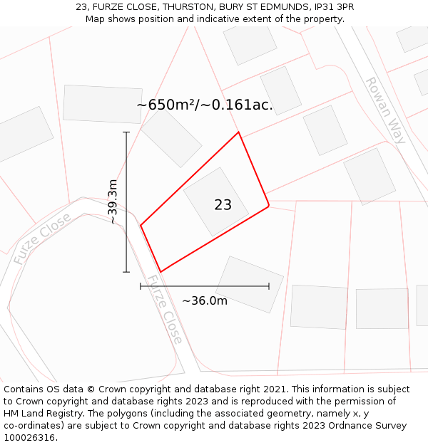 23, FURZE CLOSE, THURSTON, BURY ST EDMUNDS, IP31 3PR: Plot and title map